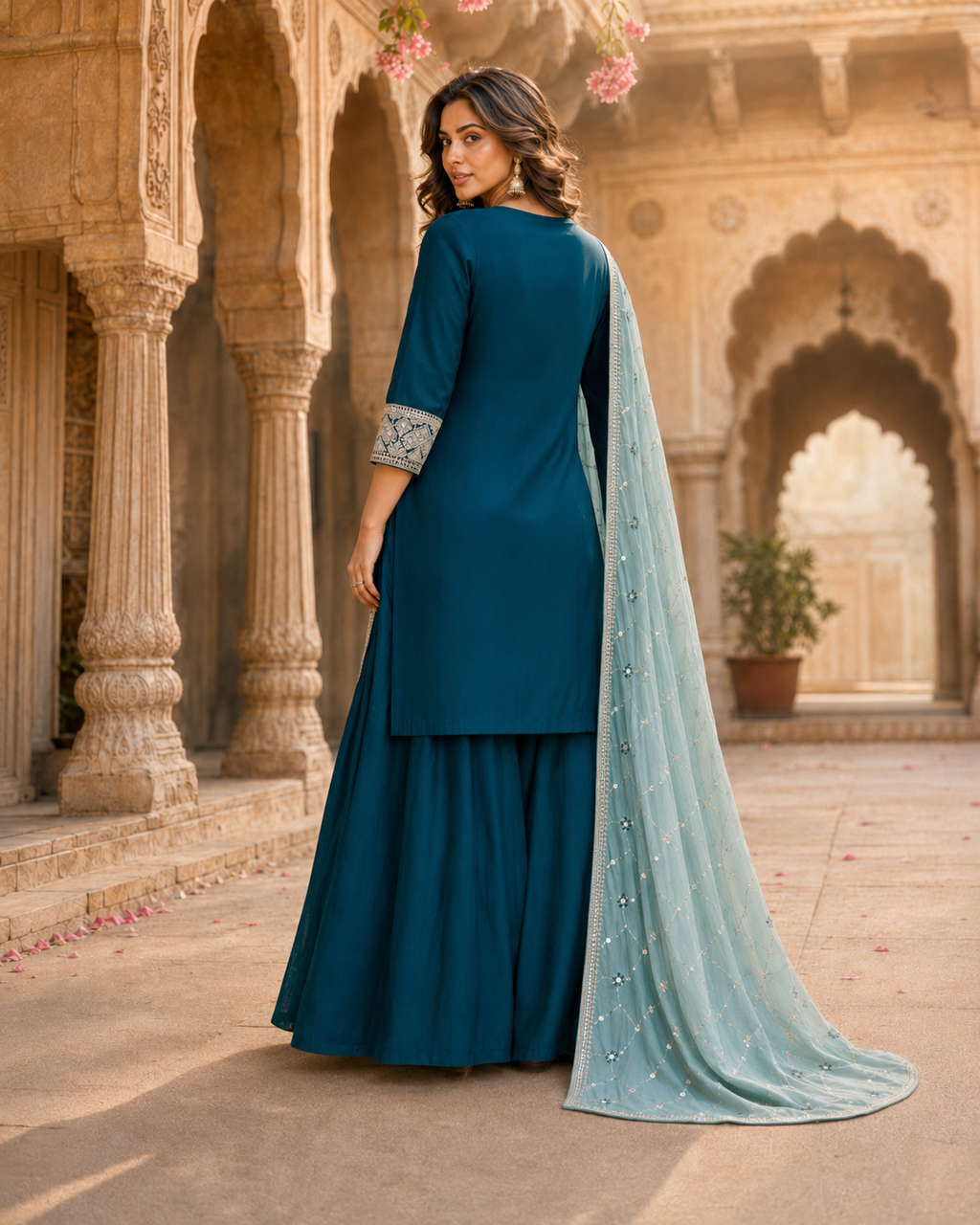 Morpankhi Embroidered Kurta Sharara Set with Dupatta