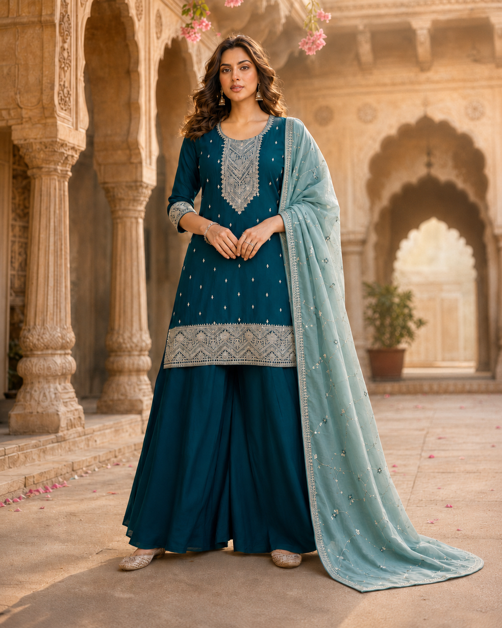 Morpankhi Embroidered Kurta Sharara Set with Dupatta
