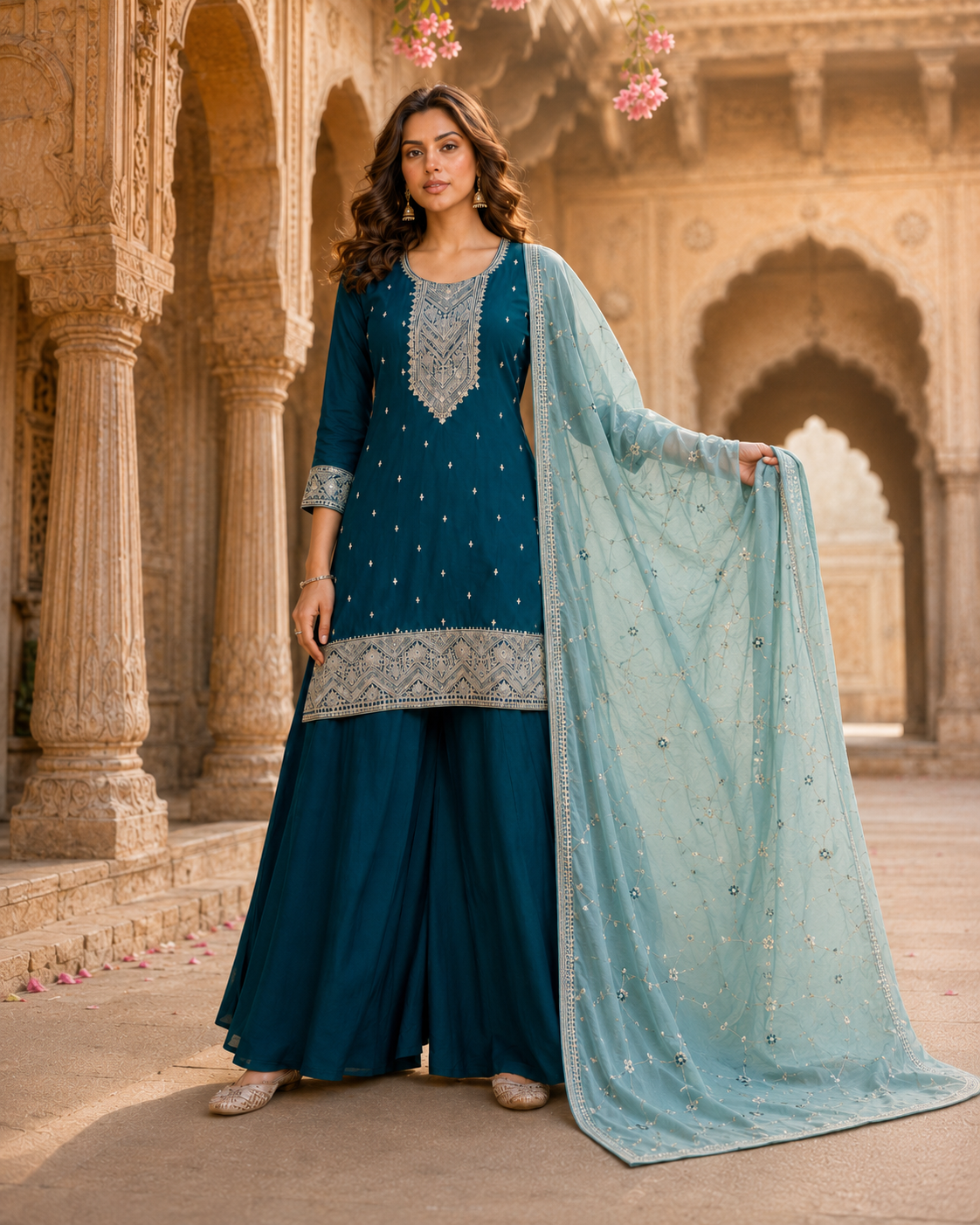 Morpankhi Embroidered Kurta Sharara Set with Dupatta