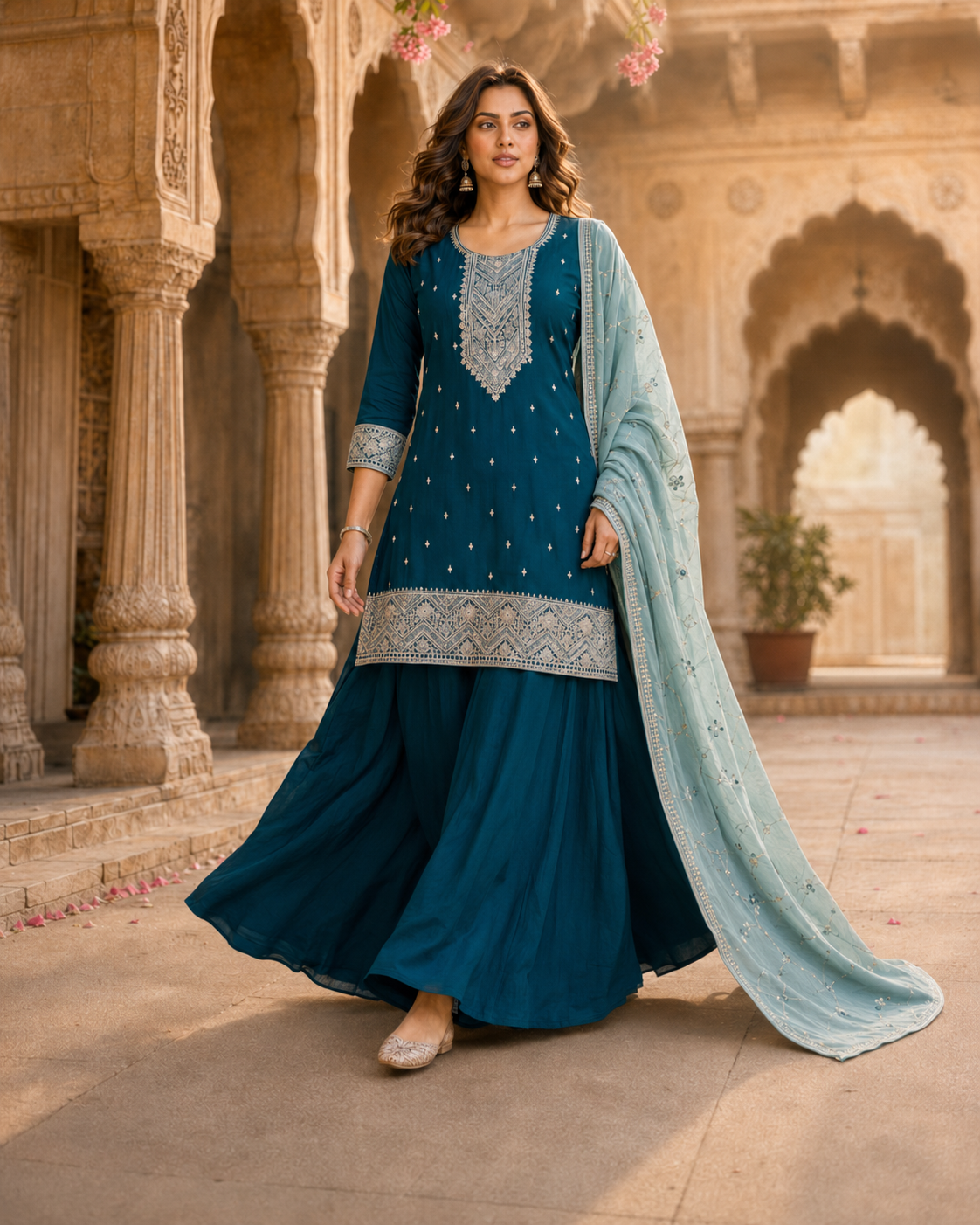 Morpankhi Embroidered Kurta Sharara Set with Dupatta